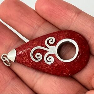 Vtg 925 Sterling Silver Sliced Carved Red Branch Sponge Coral Necklace Pendant